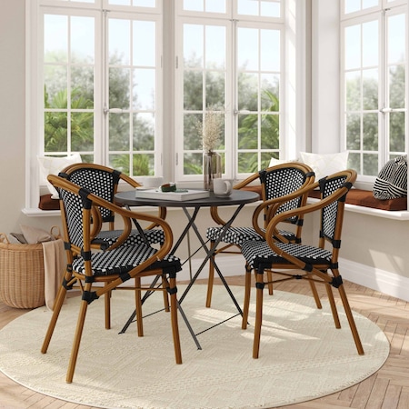 Flash Furniture Bordeaux French Bistro Stacking Chair w/Arms, Black/White PE Rattan/Bamboo Print Alum Frame, 4PK 4-SDA-ADS642142-BKWH-NAT-GG